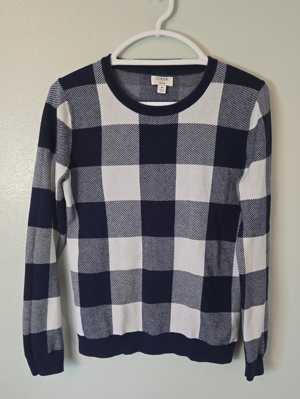 J. Crew | Teddie Blue Check Plaid Crew Neck Sweater Size Medium
